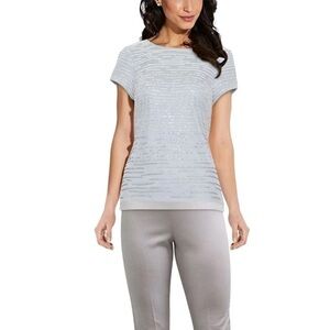 ADRIANNA PAPELL Womens Blue Sequined  Printed Short Sleeve Scoop Neck Cocktail